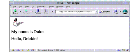 Image of running form-based login authentication example, shows Duke waving, and the text "My name is Duke, Hello your name!"